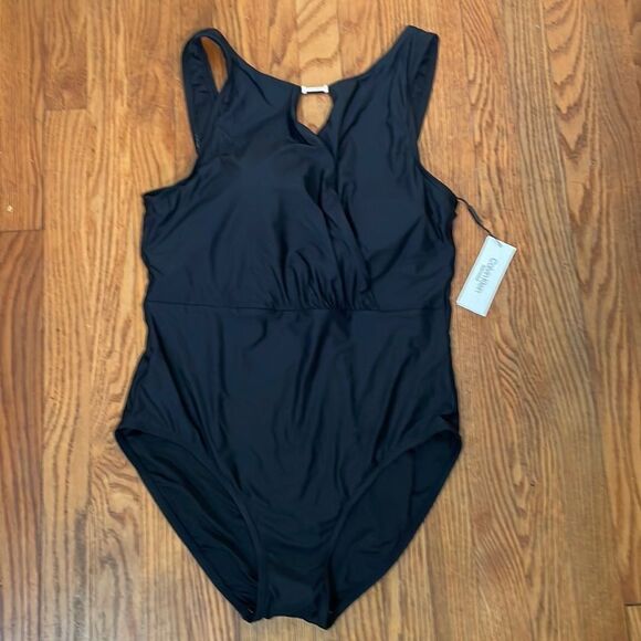Calvin Klein High-Neck One-Piece Swimsuit Black size 16 NWT - Picture 2 of 7